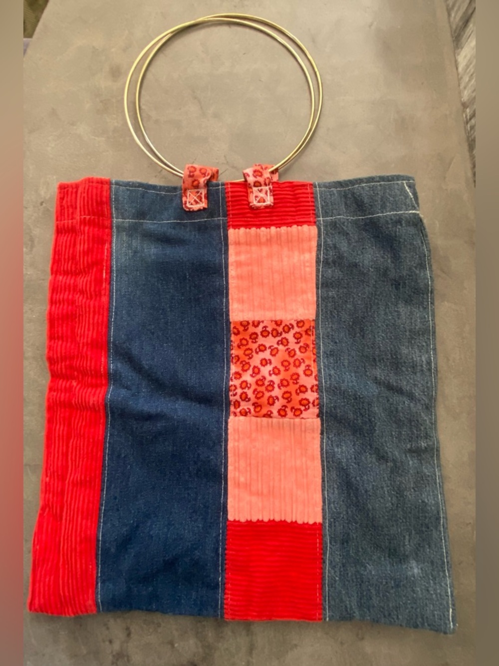 Patchwork Denim & Red Corduroy Tote with Metal Ring Handles